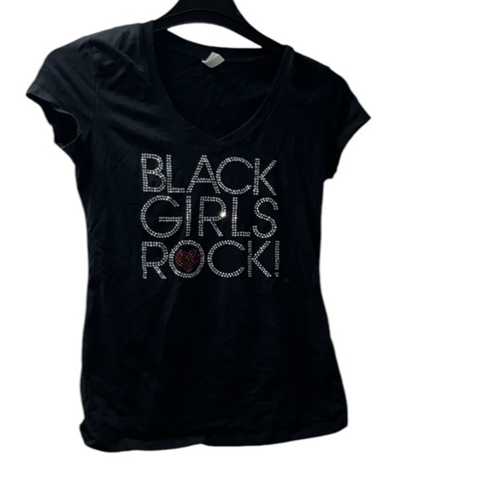 Black V-Neck T-Shirt with Rhinestone Design